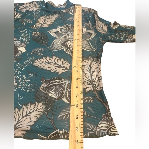 Blue B Mesh Top Size L Teal Long Sleeve Mock Neck Back Keyhole Button Closure - Picture 11 of 12